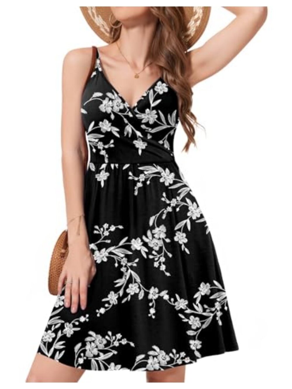 Womens Summer Floral Sundress Spaghetti Strap V-Neck Swing Casual Dress with